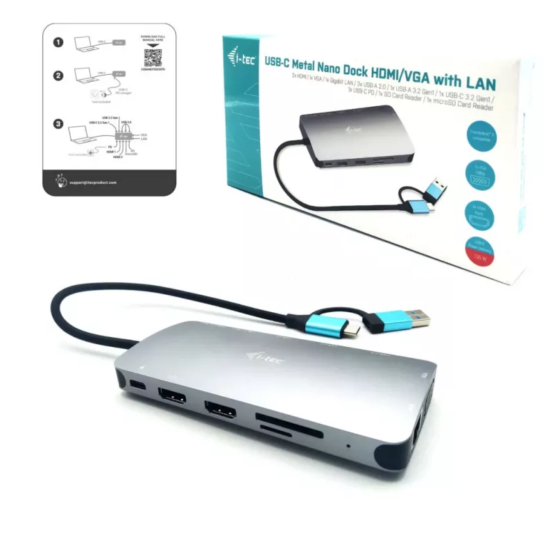 i-tec USB 3.0 USB-C/Thunderbolt 3x Display Metal Nano Dock su LAN + Power Delivery 100 W