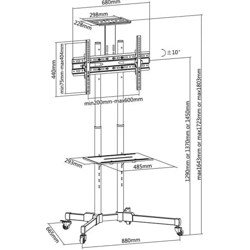 Stovo montavimas ant grindų TECHLY ICA-TR16T 37–70 colių ekranams, VESA 200x200–600x400, iki 50 kg, reguliuojamas aukštis, ratukai, pasvirimas ±10° (juodas)