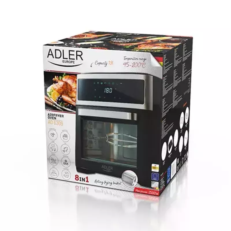 Karšto oro gruzdintuvė orkaitė Adler AD 6309 13 L 2500 W juoda/sidabrinė, jutiklinis valdymas, rotiserija