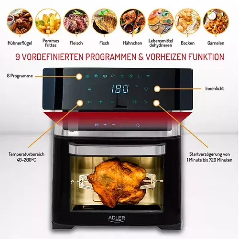 Karšto oro gruzdintuvė orkaitė Adler AD 6309 13 L 2500 W juoda/sidabrinė, jutiklinis valdymas, rotiserija