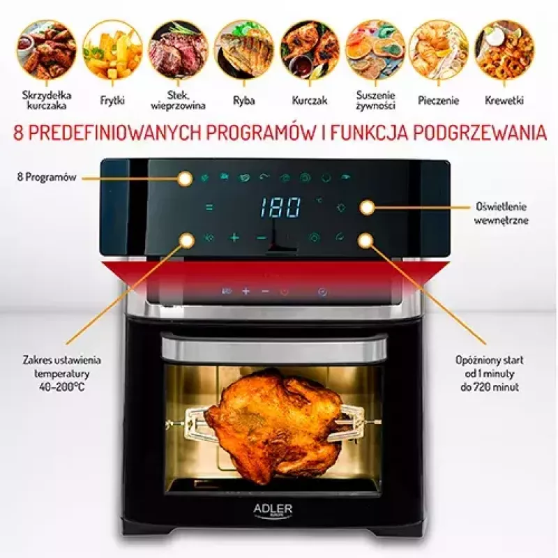 Karšto oro gruzdintuvė orkaitė Adler AD 6309 13 L 2500 W juoda/sidabrinė, jutiklinis valdymas, rotiserija