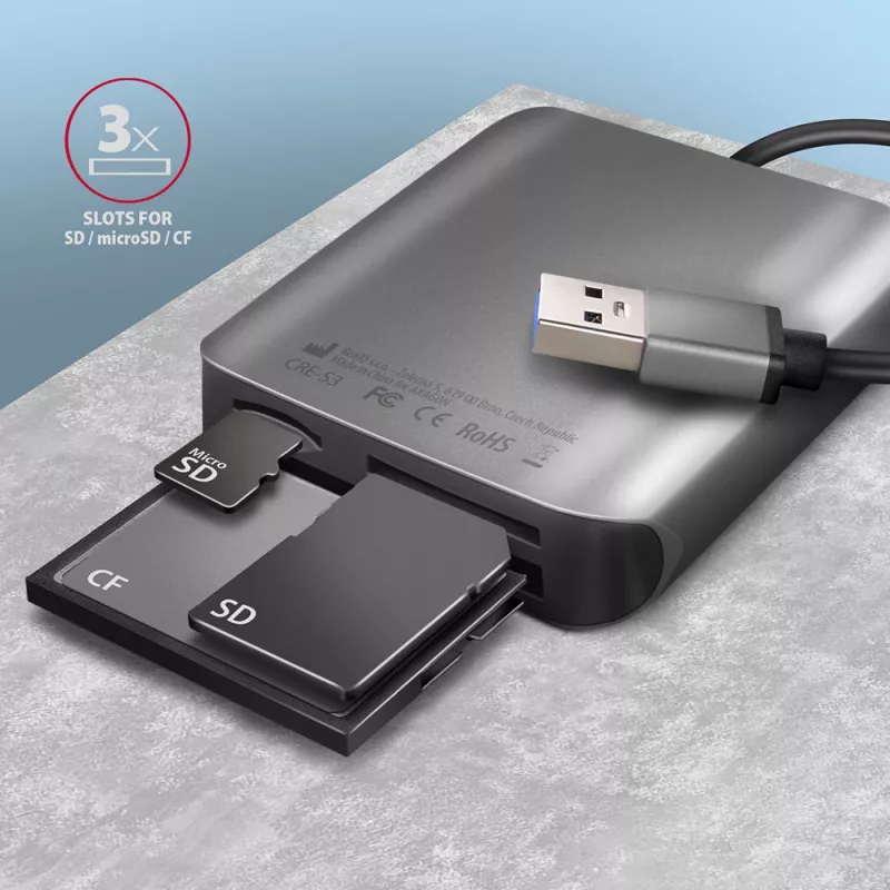 „Axagon CRE-S3“ išorinis USB-A 3.2 Gen 1 3 lizdų ir LUN SD/microSD/CF kortelių skaitytuvas USB 3.2 Gen 1 (3.1 Gen 1) Type-A pilka