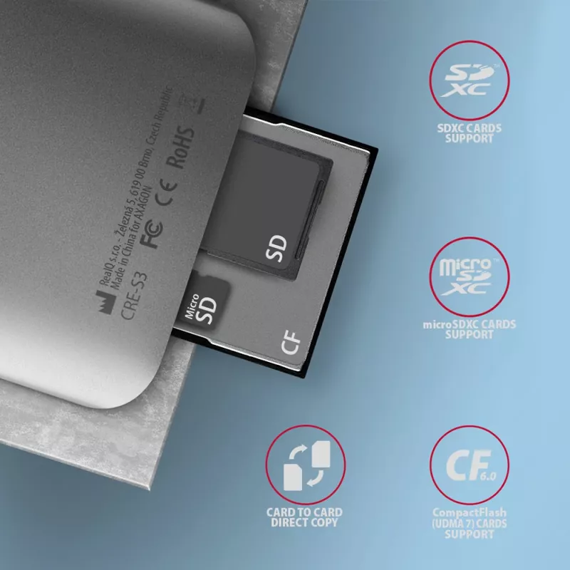 „Axagon CRE-S3“ išorinis USB-A 3.2 Gen 1 3 lizdų ir LUN SD/microSD/CF kortelių skaitytuvas USB 3.2 Gen 1 (3.1 Gen 1) Type-A pilka