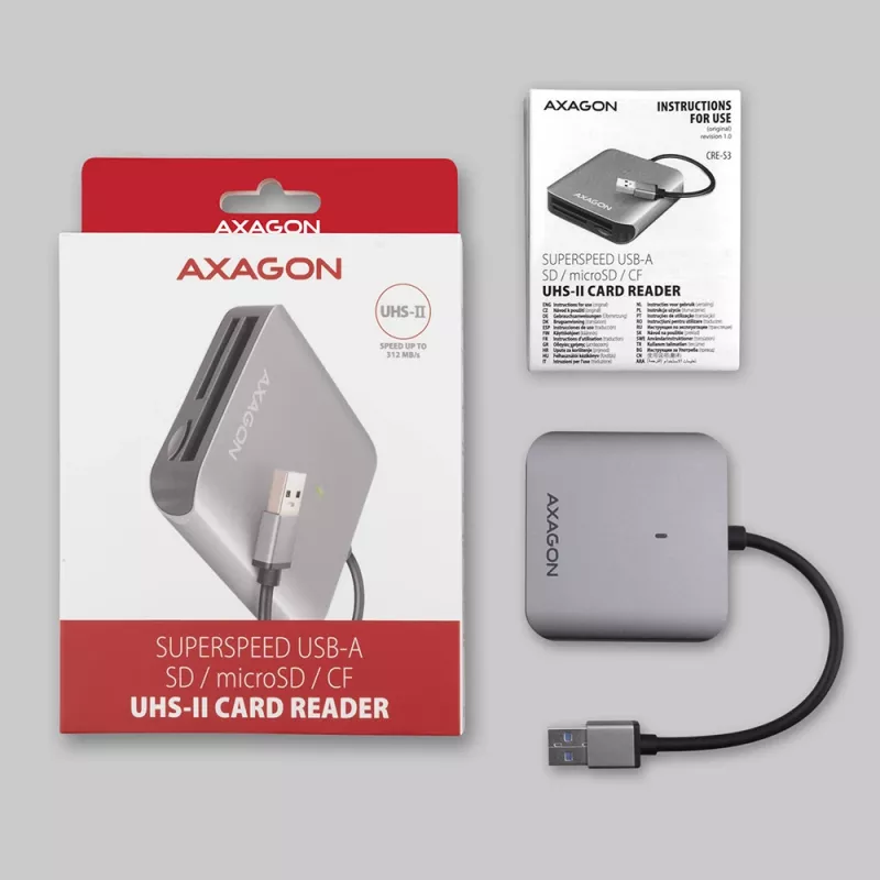 „Axagon CRE-S3“ išorinis USB-A 3.2 Gen 1 3 lizdų ir LUN SD/microSD/CF kortelių skaitytuvas USB 3.2 Gen 1 (3.1 Gen 1) Type-A pilka