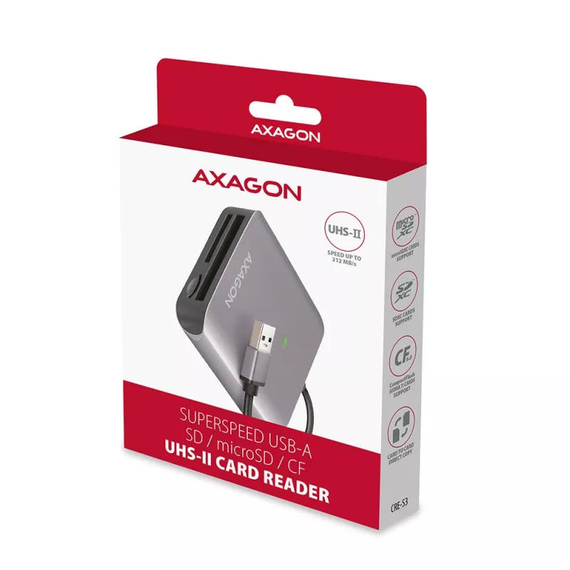 „Axagon CRE-S3“ išorinis USB-A 3.2 Gen 1 3 lizdų ir LUN SD/microSD/CF kortelių skaitytuvas USB 3.2 Gen 1 (3.1 Gen 1) Type-A pilka