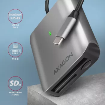 Axagon CRE-S3C Aliumininis didelės spartos USB-C 3.2 Gen 1 atminties kortelių skaitytuvas. 3 lizdai, UHS-II