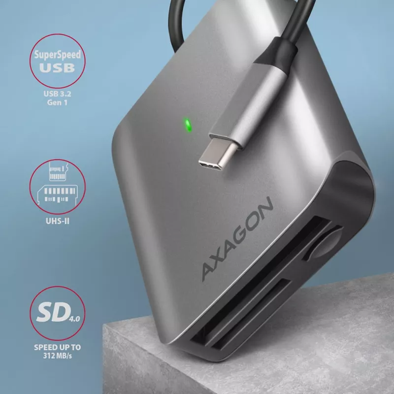 Axagon CRE-S3C Aliumininis didelės spartos USB-C 3.2 Gen 1 atminties kortelių skaitytuvas. 3 lizdai, UHS-II
