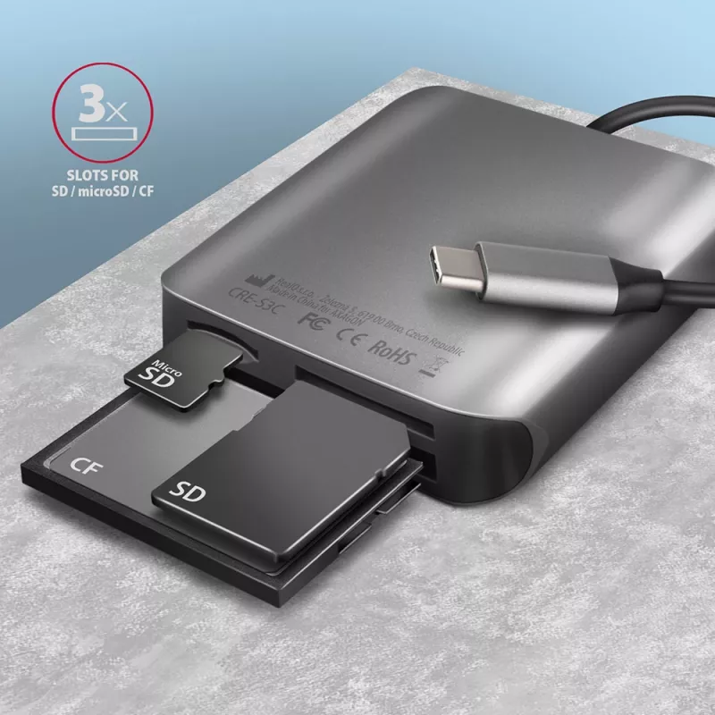 Axagon CRE-S3C Aliumininis didelės spartos USB-C 3.2 Gen 1 atminties kortelių skaitytuvas. 3 lizdai, UHS-II