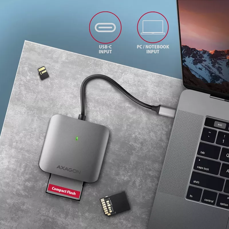 Axagon CRE-S3C Aliumininis didelės spartos USB-C 3.2 Gen 1 atminties kortelių skaitytuvas. 3 lizdai, UHS-II
