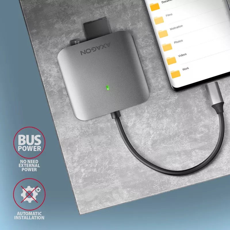 Axagon CRE-S3C Aliumininis didelės spartos USB-C 3.2 Gen 1 atminties kortelių skaitytuvas. 3 lizdai, UHS-II