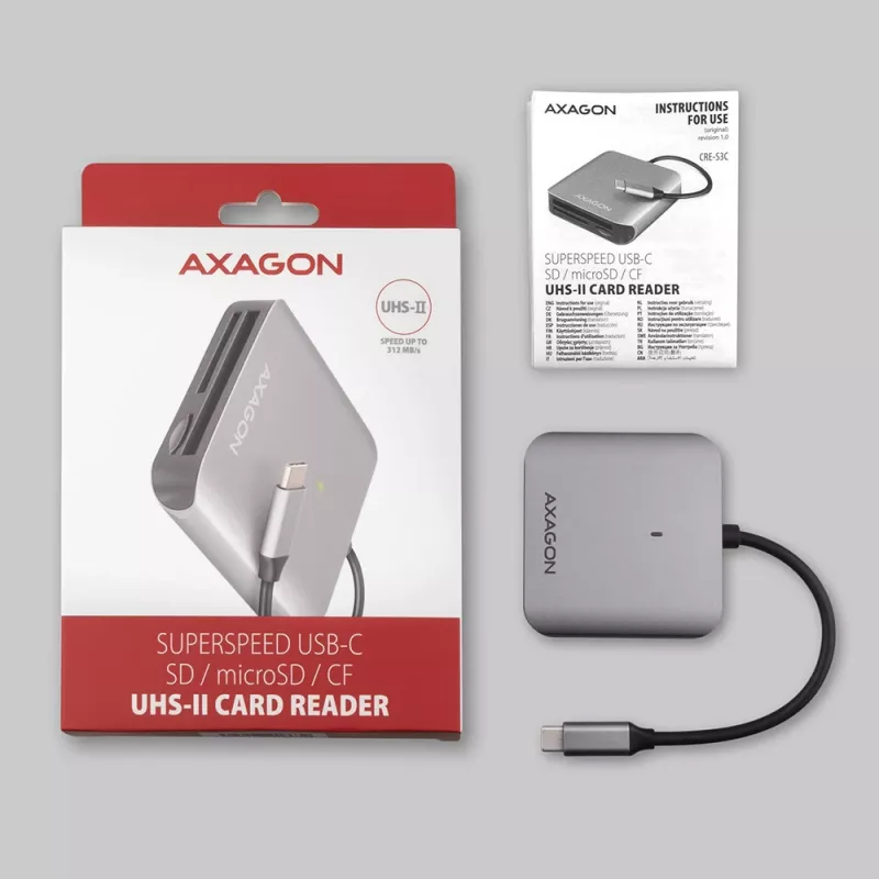Axagon CRE-S3C Aliumininis didelės spartos USB-C 3.2 Gen 1 atminties kortelių skaitytuvas. 3 lizdai, UHS-II