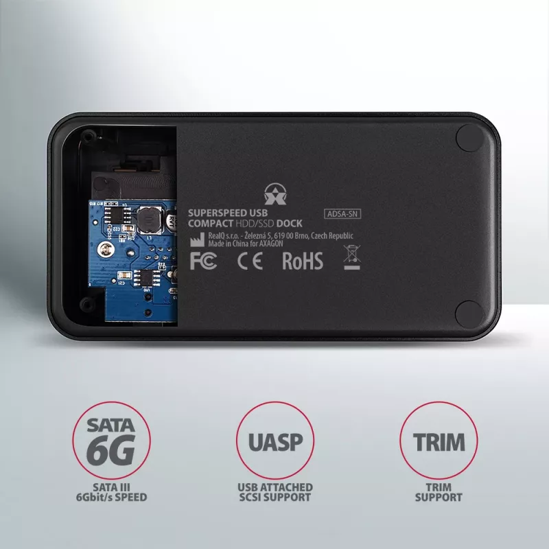 Axagon ADSA-SN stacionari diskų prijungimo stotelė USB 3.2 Gen 1 (3.1 Gen 1) Type-A Juoda