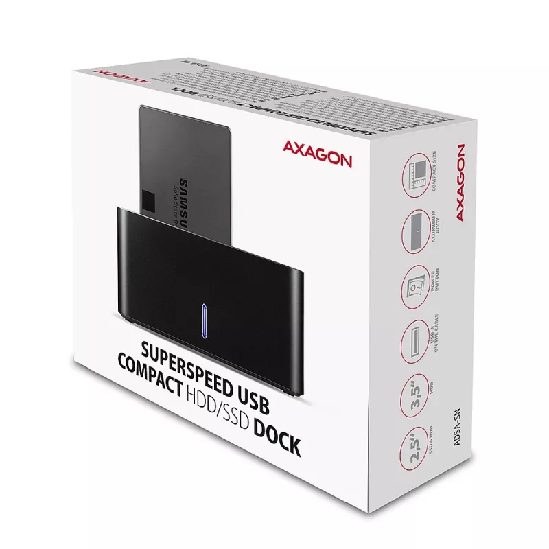 Axagon ADSA-SN stacionari diskų prijungimo stotelė USB 3.2 Gen 1 (3.1 Gen 1) Type-A Juoda