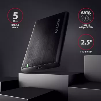 2,5 colio HDD/SSD dėklas AXAGON EE25-A6C — SATA, USB 3.2 Gen 1 (Type-C ir Type-A), aliuminis, juodas