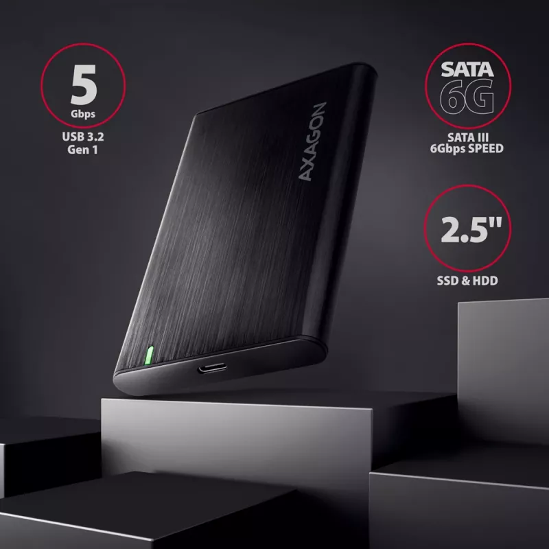 2,5 colio HDD/SSD dėklas AXAGON EE25-A6C — SATA, USB 3.2 Gen 1 (Type-C ir Type-A), aliuminis, juodas