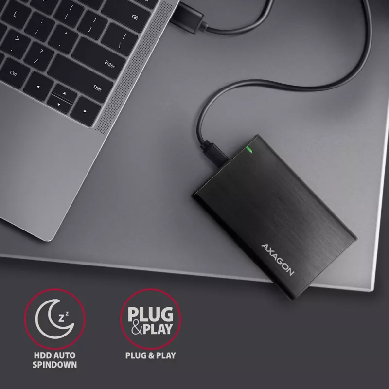 2,5 colio HDD/SSD dėklas AXAGON EE25-A6C — SATA, USB 3.2 Gen 1 (Type-C ir Type-A), aliuminis, juodas