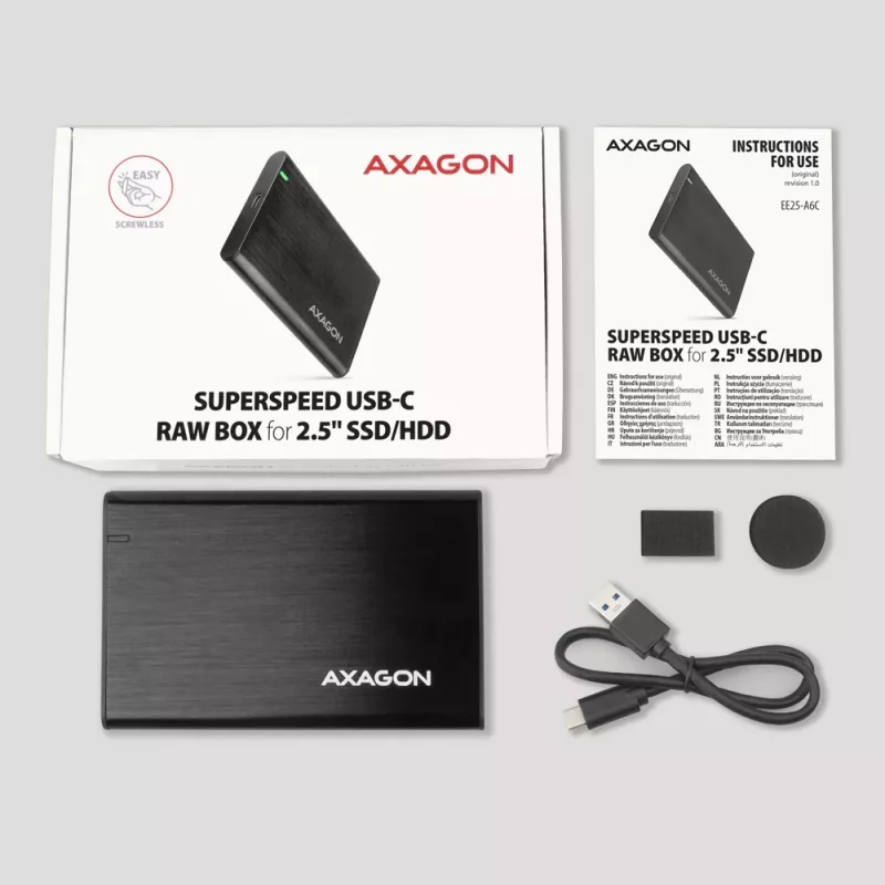 2,5 colio HDD/SSD dėklas AXAGON EE25-A6C — SATA, USB 3.2 Gen 1 (Type-C ir Type-A), aliuminis, juodas