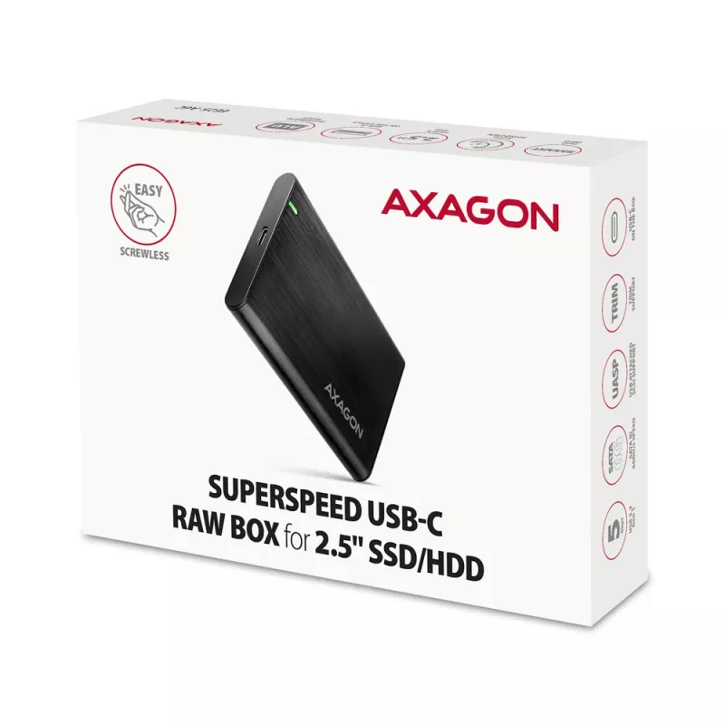 2,5 colio HDD/SSD dėklas AXAGON EE25-A6C — SATA, USB 3.2 Gen 1 (Type-C ir Type-A), aliuminis, juodas
