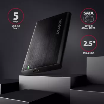 HDD/SSD dėklas AXAGON EE25-A6M — 2,5 colio SATA, USB 3.2 Gen 1 (5 Gbit/s), Micro-USB B į USB Type-A, aliuminis, juodas