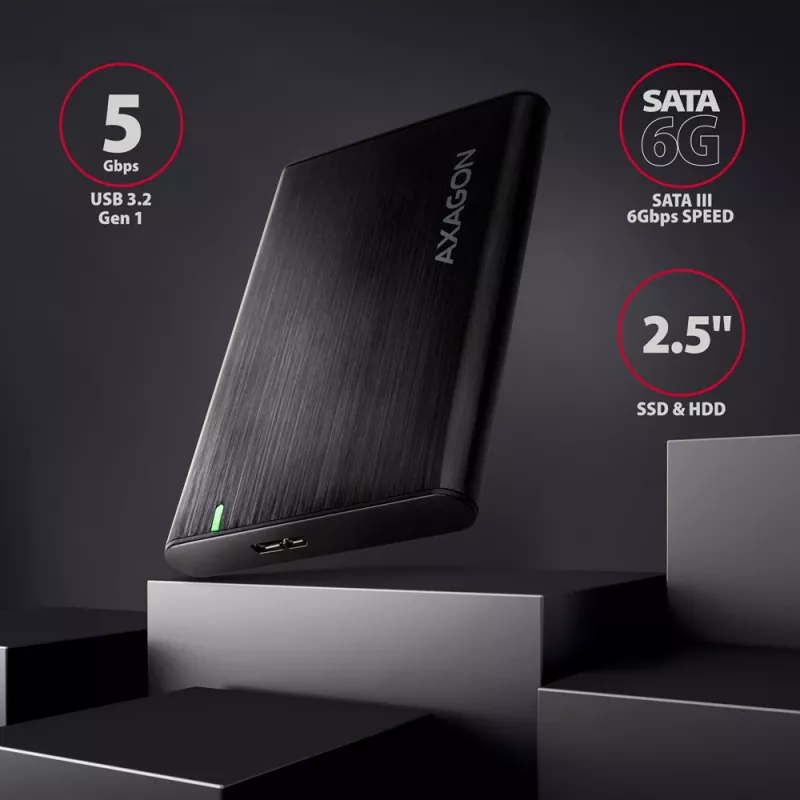 HDD/SSD dėklas AXAGON EE25-A6M — 2,5 colio SATA, USB 3.2 Gen 1 (5 Gbit/s), Micro-USB B į USB Type-A, aliuminis, juodas
