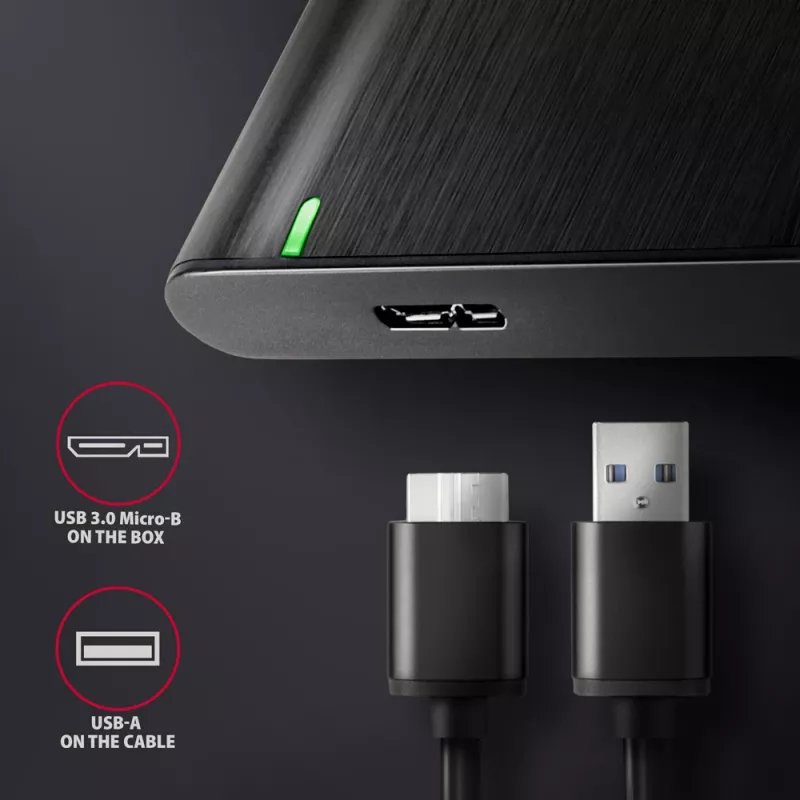HDD/SSD dėklas AXAGON EE25-A6M — 2,5 colio SATA, USB 3.2 Gen 1 (5 Gbit/s), Micro-USB B į USB Type-A, aliuminis, juodas
