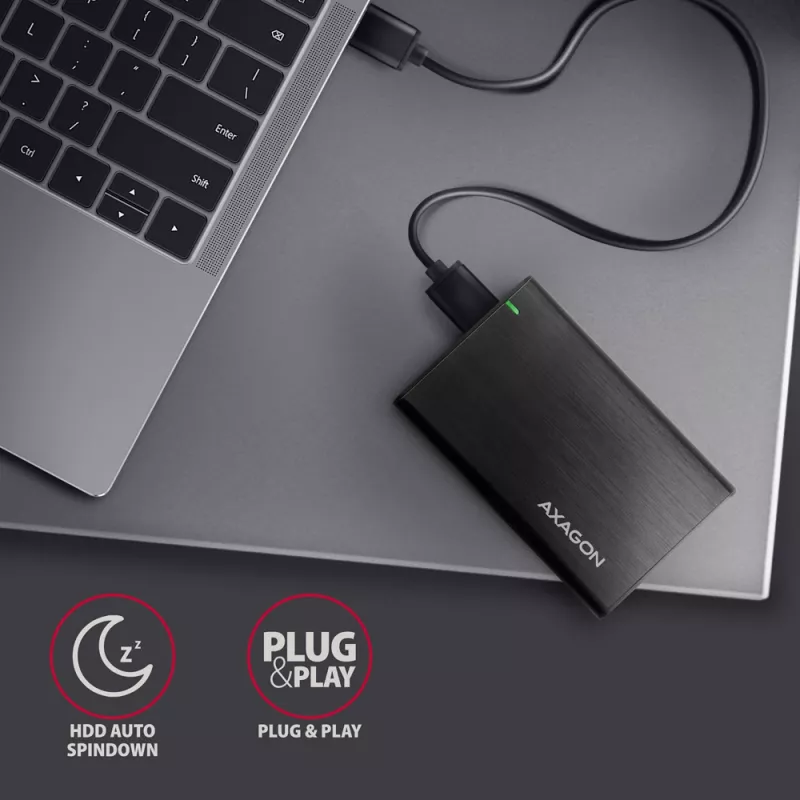 HDD/SSD dėklas AXAGON EE25-A6M — 2,5 colio SATA, USB 3.2 Gen 1 (5 Gbit/s), Micro-USB B į USB Type-A, aliuminis, juodas
