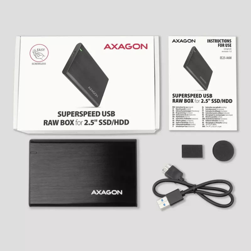 HDD/SSD dėklas AXAGON EE25-A6M — 2,5 colio SATA, USB 3.2 Gen 1 (5 Gbit/s), Micro-USB B į USB Type-A, aliuminis, juodas