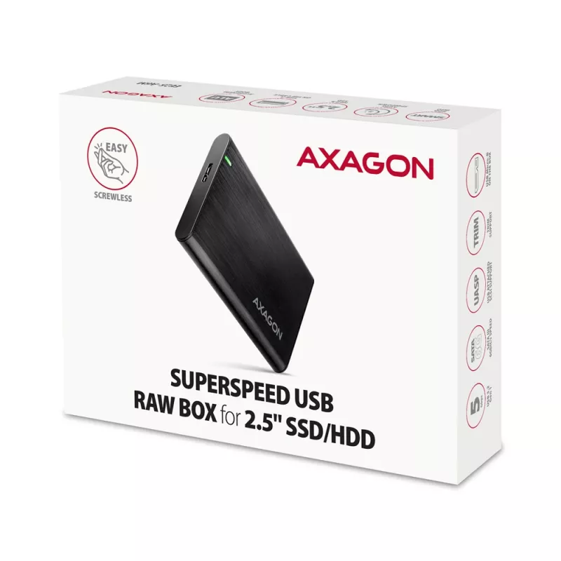 HDD/SSD dėklas AXAGON EE25-A6M — 2,5 colio SATA, USB 3.2 Gen 1 (5 Gbit/s), Micro-USB B į USB Type-A, aliuminis, juodas