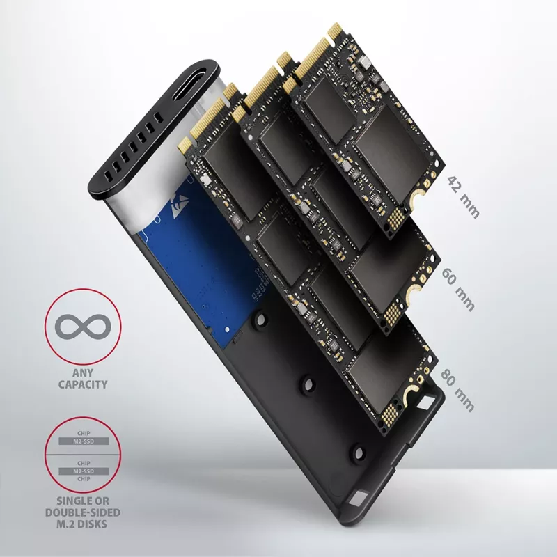 Axagon EEM2-SG2 SuperSpeed+ USB-C – M.2 NVMe ir SATA SSD RAW dėžutė