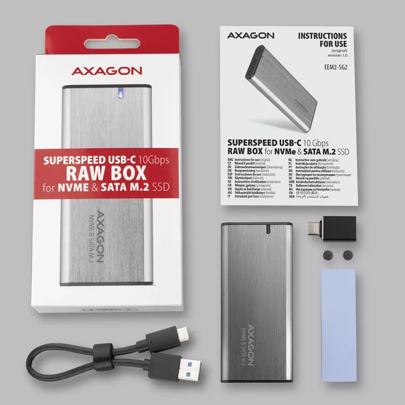 Axagon EEM2-SG2 SuperSpeed+ USB-C – M.2 NVMe ir SATA SSD RAW dėžutė