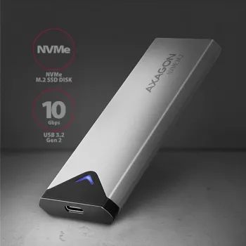 Axagon EEM2-UG2 išorinis USB-C 10Gbps metalinis dėklas M.2 NVMe SSD diskams. Sidabrinis