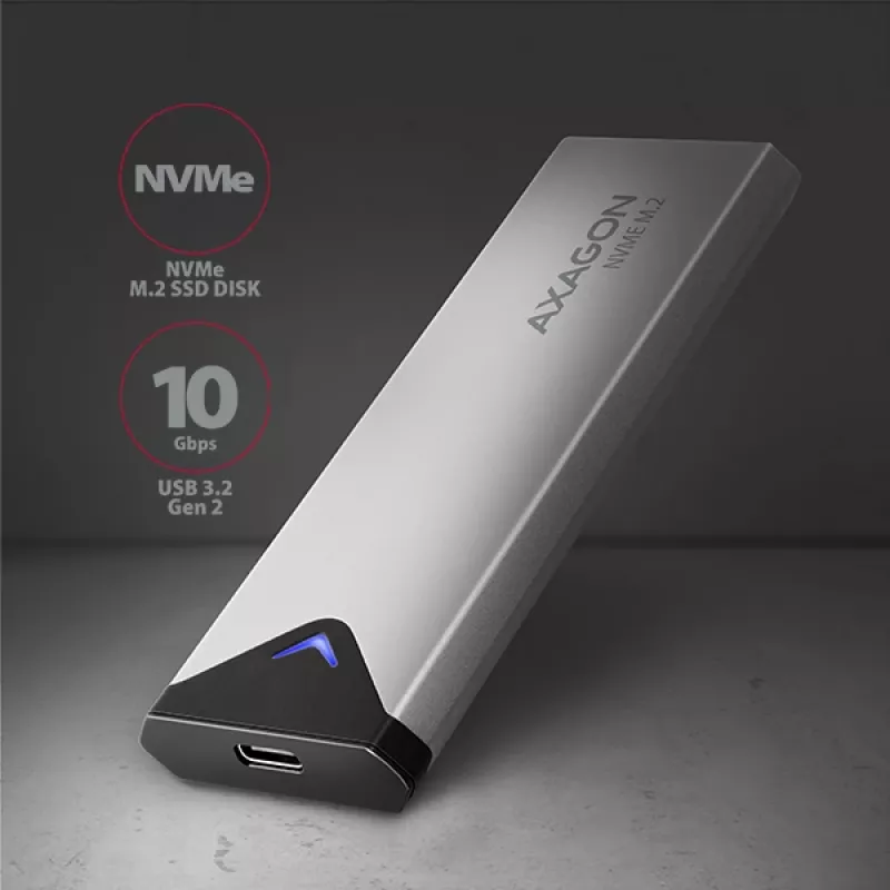 Axagon EEM2-UG2 išorinis USB-C 10Gbps metalinis dėklas M.2 NVMe SSD diskams. Sidabrinis