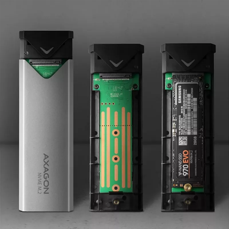 Axagon EEM2-UG2 išorinis USB-C 10Gbps metalinis dėklas M.2 NVMe SSD diskams. Sidabrinis