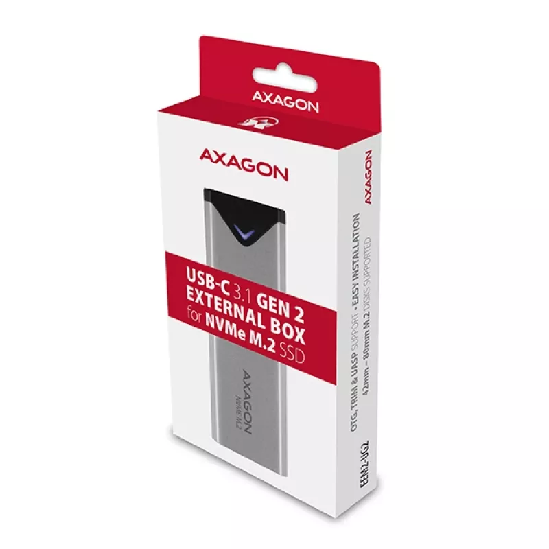 Axagon EEM2-UG2 išorinis USB-C 10Gbps metalinis dėklas M.2 NVMe SSD diskams. Sidabrinis
