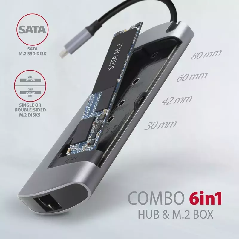 Axagon HMC-6M2 USB 3.2 Gen 1 šakotuvas, 2x USB-A, HDMI, RJ-45, SATA M.2, PD 100W, USB-C laidas