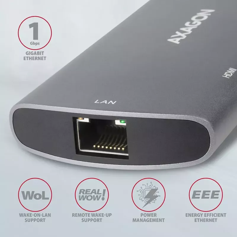 Axagon HMC-6M2 USB 3.2 Gen 1 šakotuvas, 2x USB-A, HDMI, RJ-45, SATA M.2, PD 100W, USB-C laidas