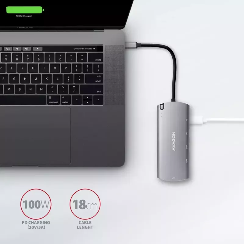 Axagon HMC-6M2 USB 3.2 Gen 1 šakotuvas, 2x USB-A, HDMI, RJ-45, SATA M.2, PD 100W, USB-C laidas