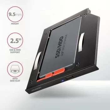 Axagon RSS-CD09 2.5 inch SSD/HDD krepšelis į DVD lizdą 9.5 mm LED ALU sąsajos kortelės/adapteris vidinis SATA