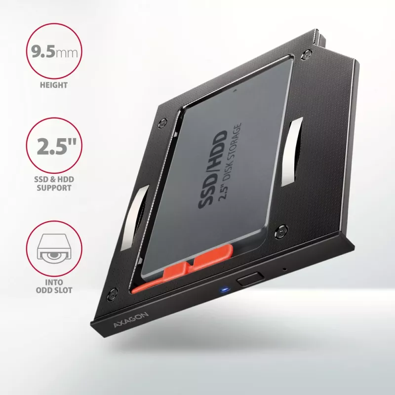 Axagon RSS-CD09 2.5 inch SSD/HDD krepšelis į DVD lizdą 9.5 mm LED ALU sąsajos kortelės/adapteris vidinis SATA