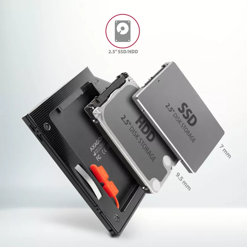 Axagon RSS-CD09 2.5 inch SSD/HDD krepšelis į DVD lizdą 9.5 mm LED ALU sąsajos kortelės/adapteris vidinis SATA