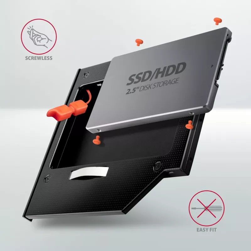Axagon RSS-CD09 2.5 inch SSD/HDD krepšelis į DVD lizdą 9.5 mm LED ALU sąsajos kortelės/adapteris vidinis SATA