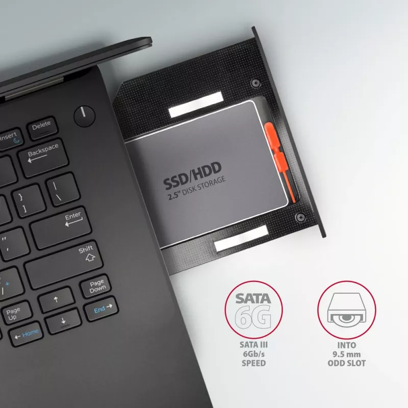 Axagon RSS-CD09 2.5 inch SSD/HDD krepšelis į DVD lizdą 9.5 mm LED ALU sąsajos kortelės/adapteris vidinis SATA