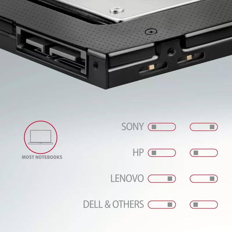 Axagon RSS-CD09 2.5 inch SSD/HDD krepšelis į DVD lizdą 9.5 mm LED ALU sąsajos kortelės/adapteris vidinis SATA