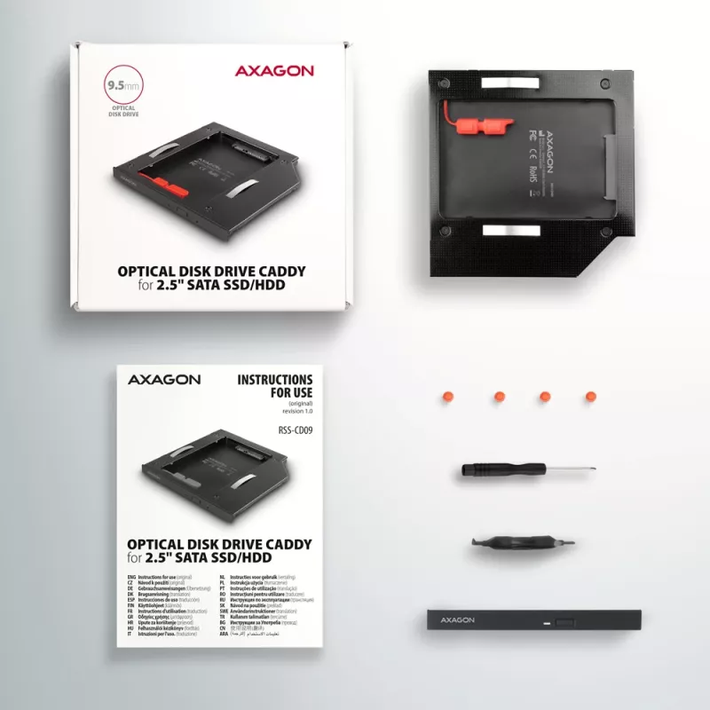 Axagon RSS-CD09 2.5 inch SSD/HDD krepšelis į DVD lizdą 9.5 mm LED ALU sąsajos kortelės/adapteris vidinis SATA