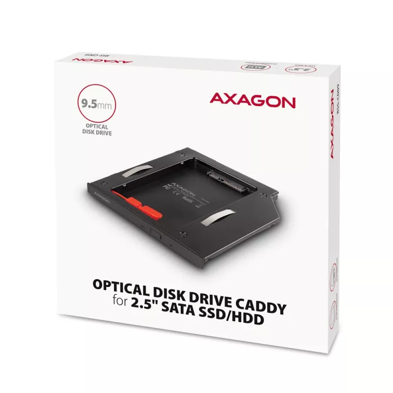 Axagon RSS-CD09 2.5 inch SSD/HDD krepšelis į DVD lizdą 9.5 mm LED ALU sąsajos kortelės/adapteris vidinis SATA