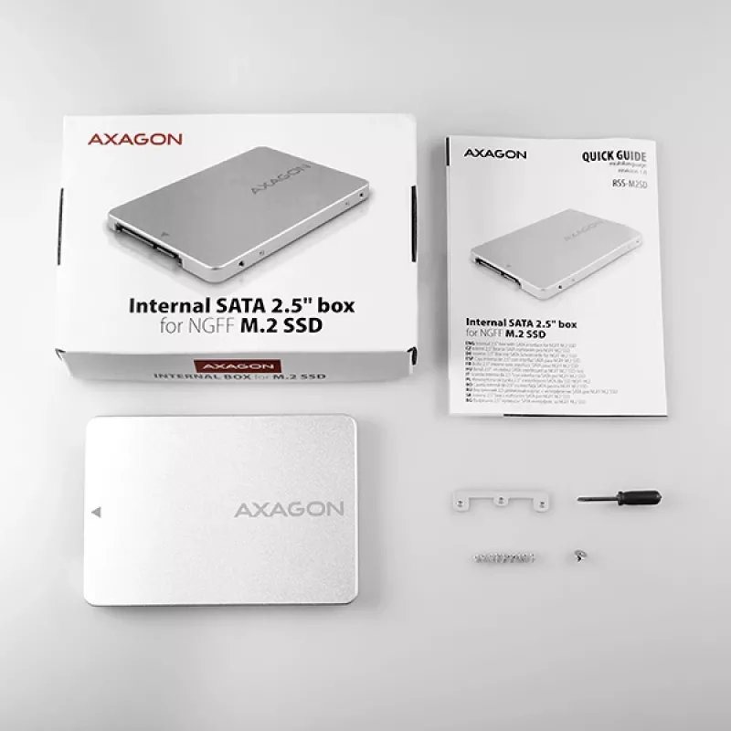 Axagon RSS-M2SD SATA - M.2 SATA SSD, vidinė 2,5 colio ALU dėžutė, sidabrinė