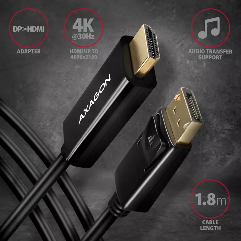 Axagon RVD-HI14C2 DisplayPort -> HDMI 1.4 laidas 1,8 m, 4K/30Hz