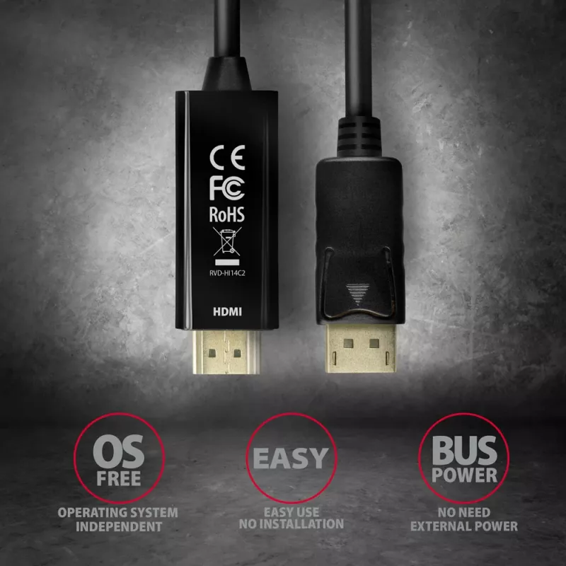 Axagon RVD-HI14C2 DisplayPort -> HDMI 1.4 laidas 1,8 m, 4K/30Hz