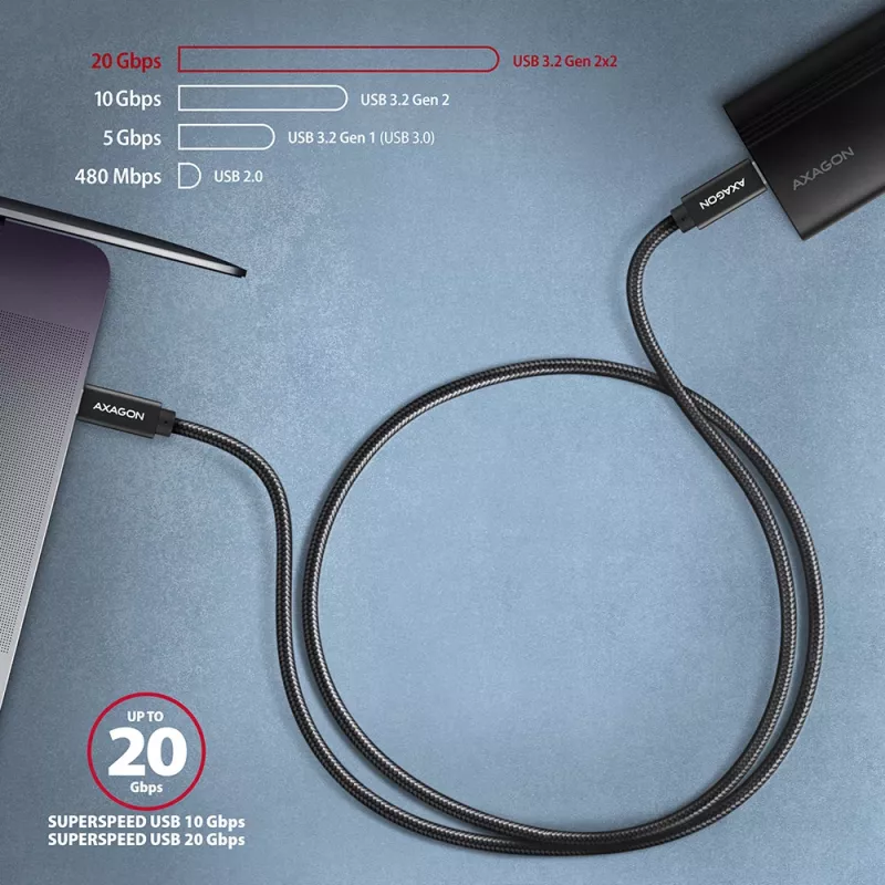 Axagon BUCM32-CM10AB SPEED+ USB-C USB 20Gbps/100W kabelis 1 m