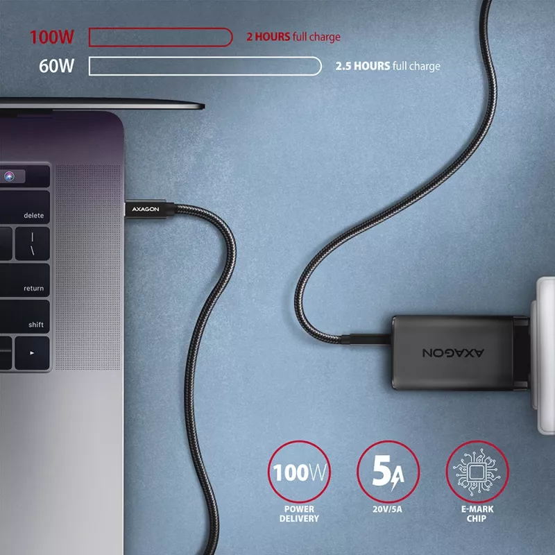 Axagon BUCM32-CM20AB SPEED+ USB-C USB 20Gbps/100W kabelis 2 m